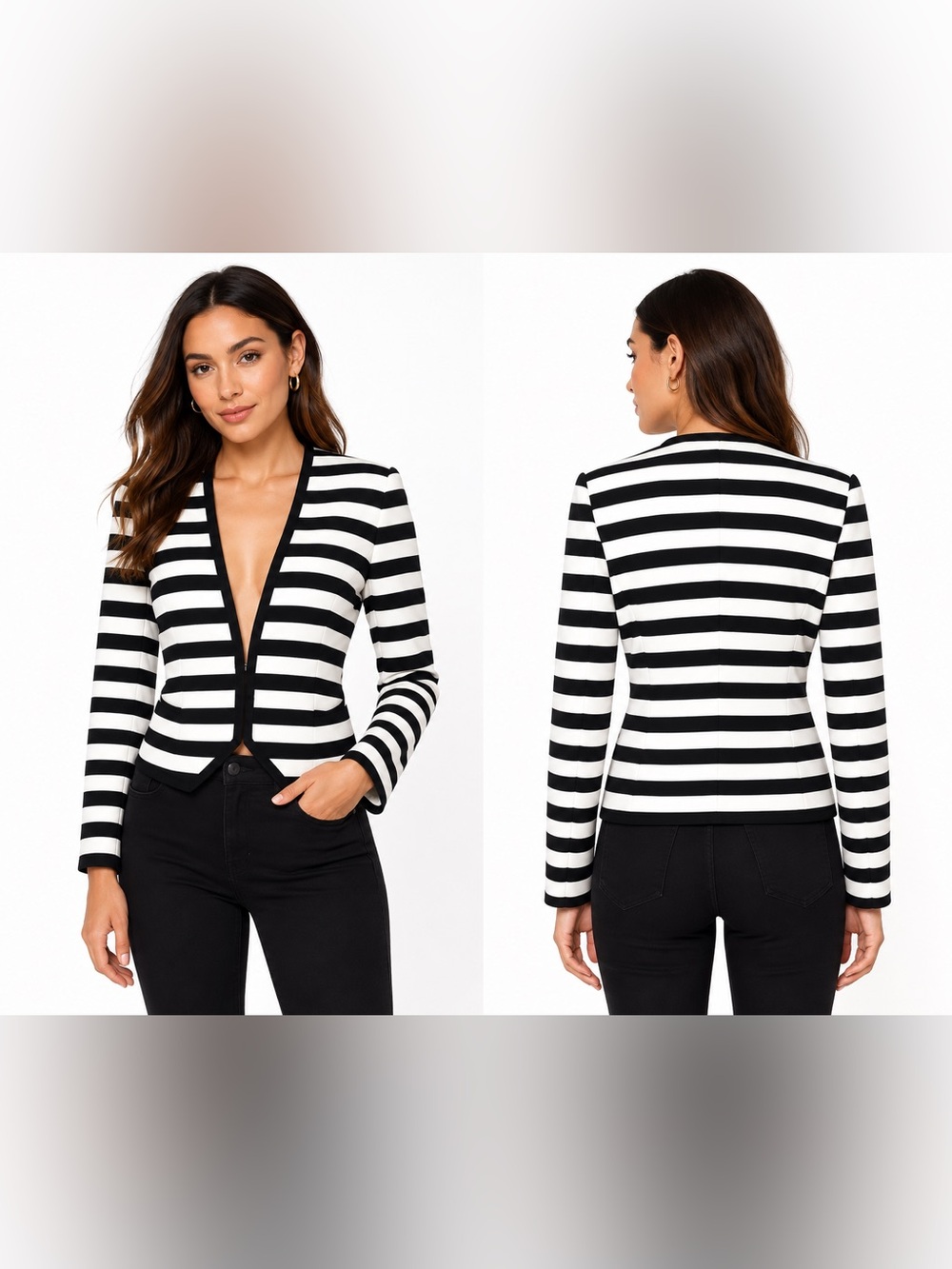 Ann Taylor Black White Striped Open Front Blazer Jacket Women’s Long Sleeve SZ 6